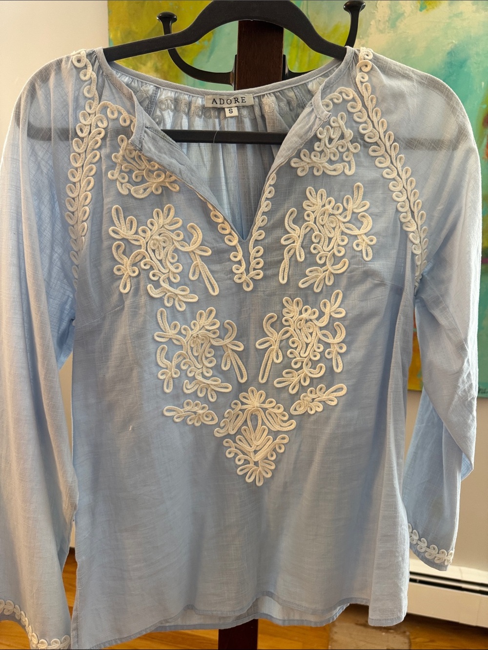 Adore Light Blue Tunic with White Embroidered V-Neck